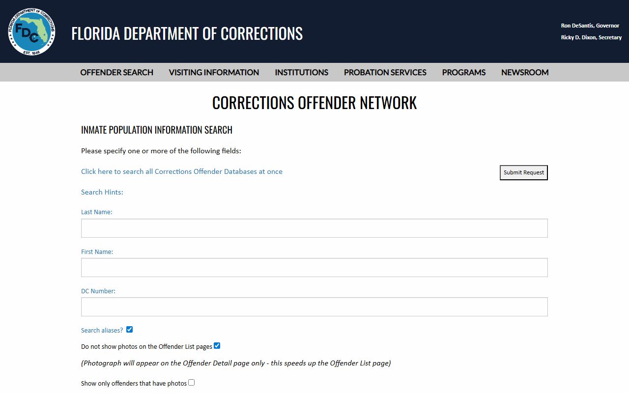 Florida DOC inmate population search fields for finding sentenced Gadsden County state inmates
