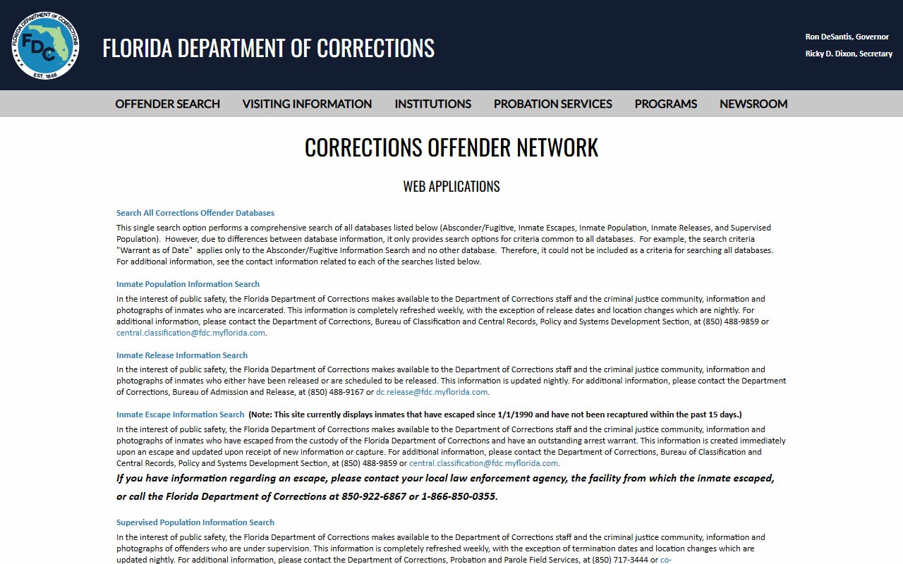 Florida DOC Offender Search menu used to look up inmates at Quincy Annex