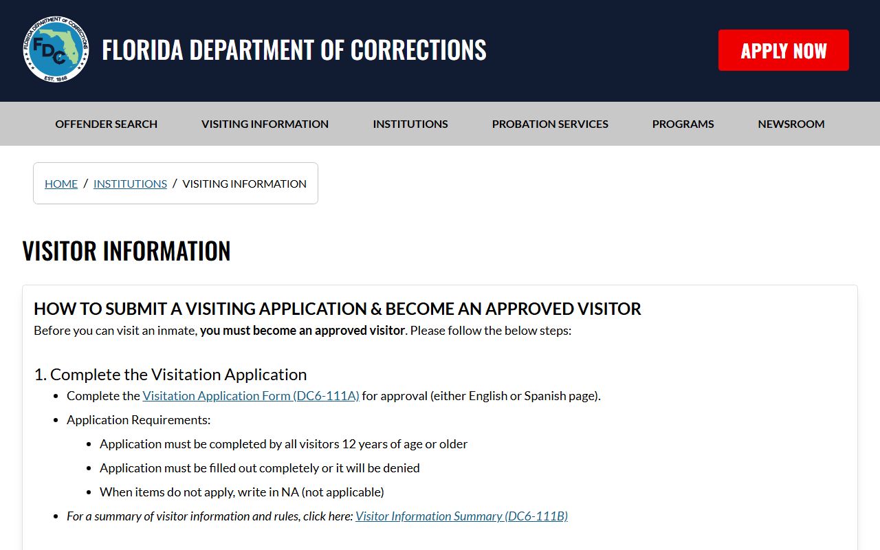 Florida DOC visiting information page that applies to Gadsden Re-Entry Center