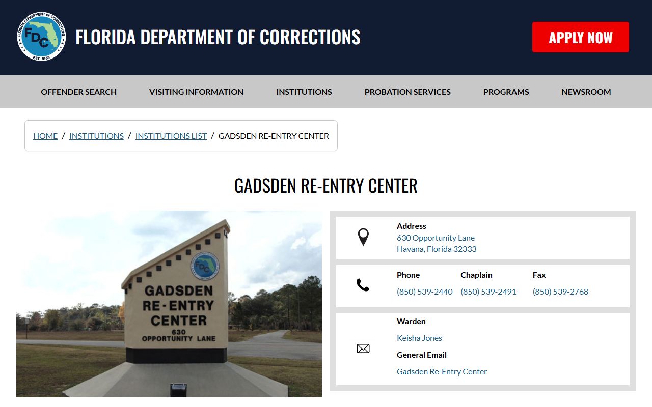 Florida DOC Gadsden Re-Entry Center page for looking up male state inmates in re-entry custody