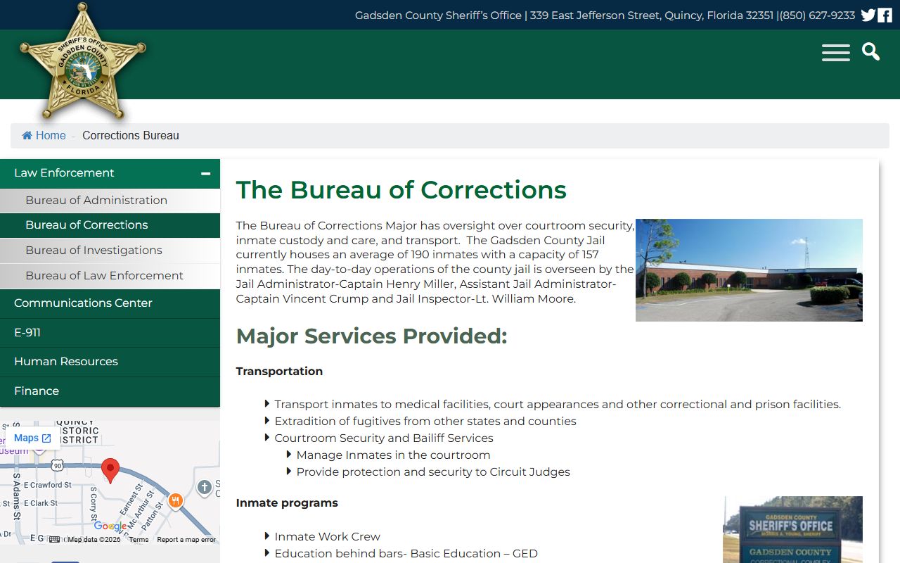 Gadsden County Sheriff Bureau of Corrections page showing jail capacity and average inmate population
