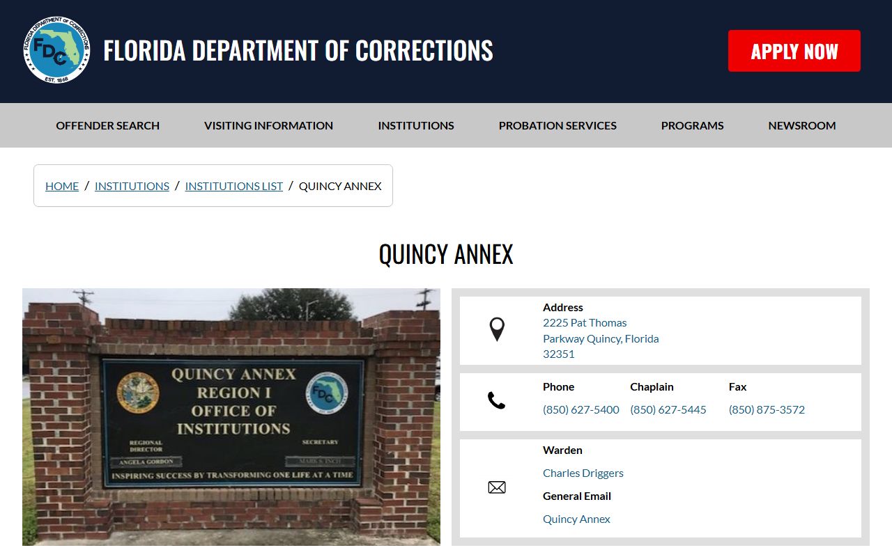 Florida DOC Quincy Annex facility page showing capacity and the Liberty Correctional Institution relationship for this Gadsden County state prison unit