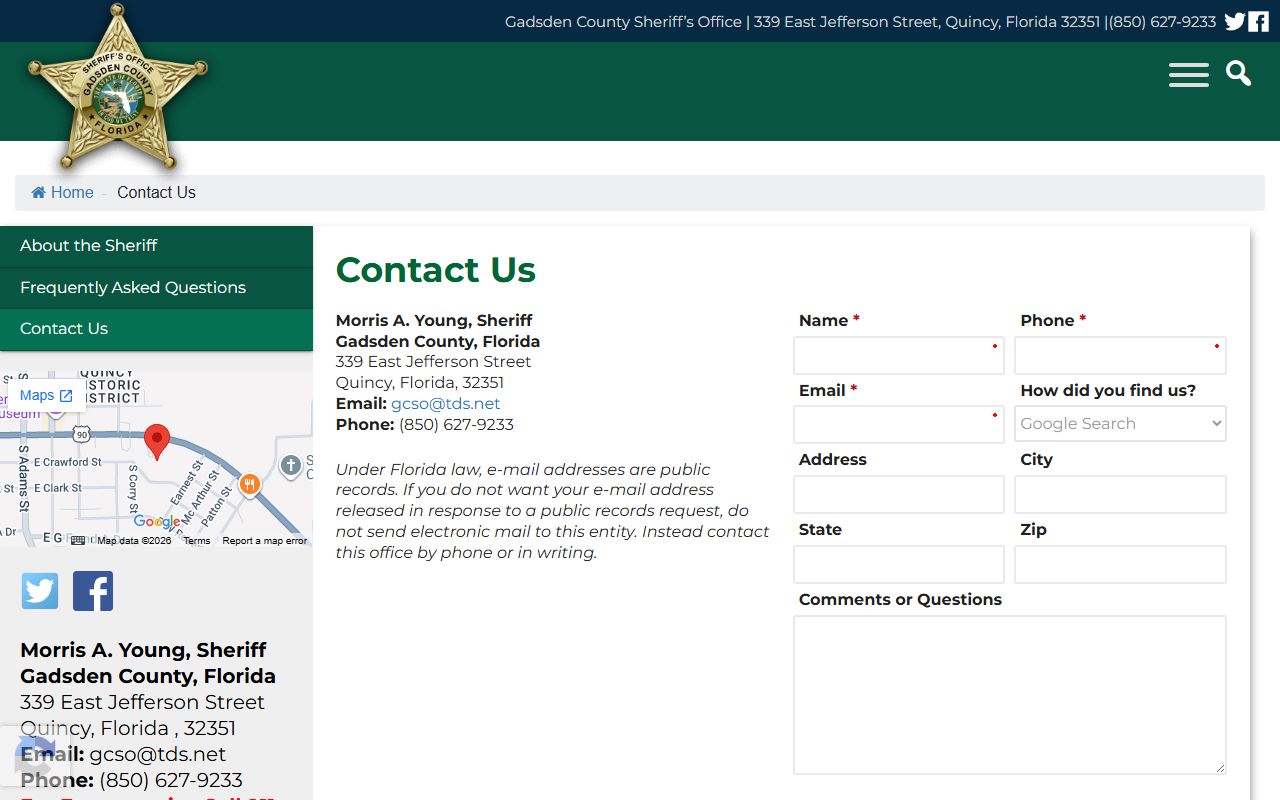 Gadsden County Sheriff contact page with address, phone, and public records notice for inmate record requests