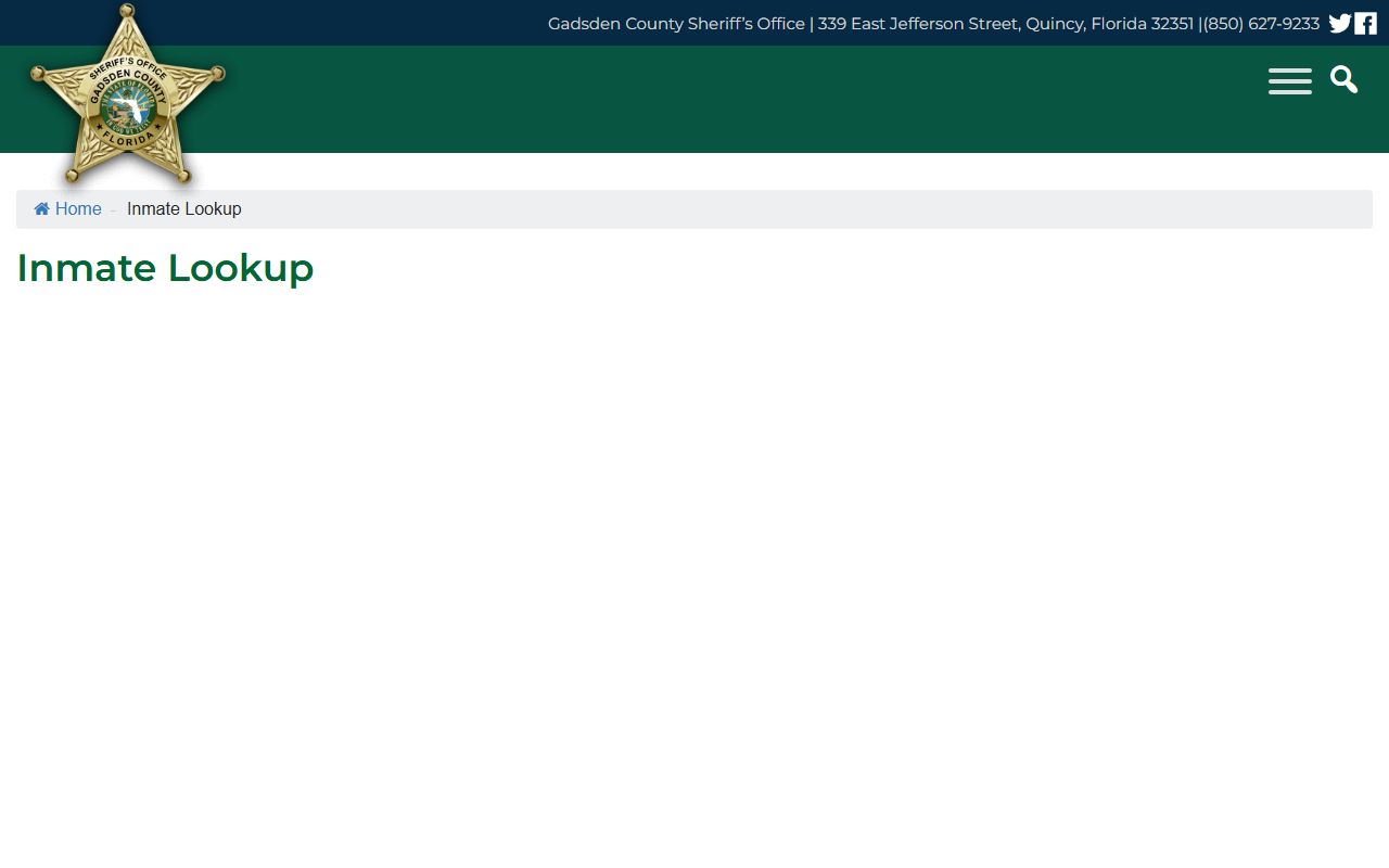 Gadsden County Sheriff inmate lookup page that embeds the SmartWEB jail booking portal