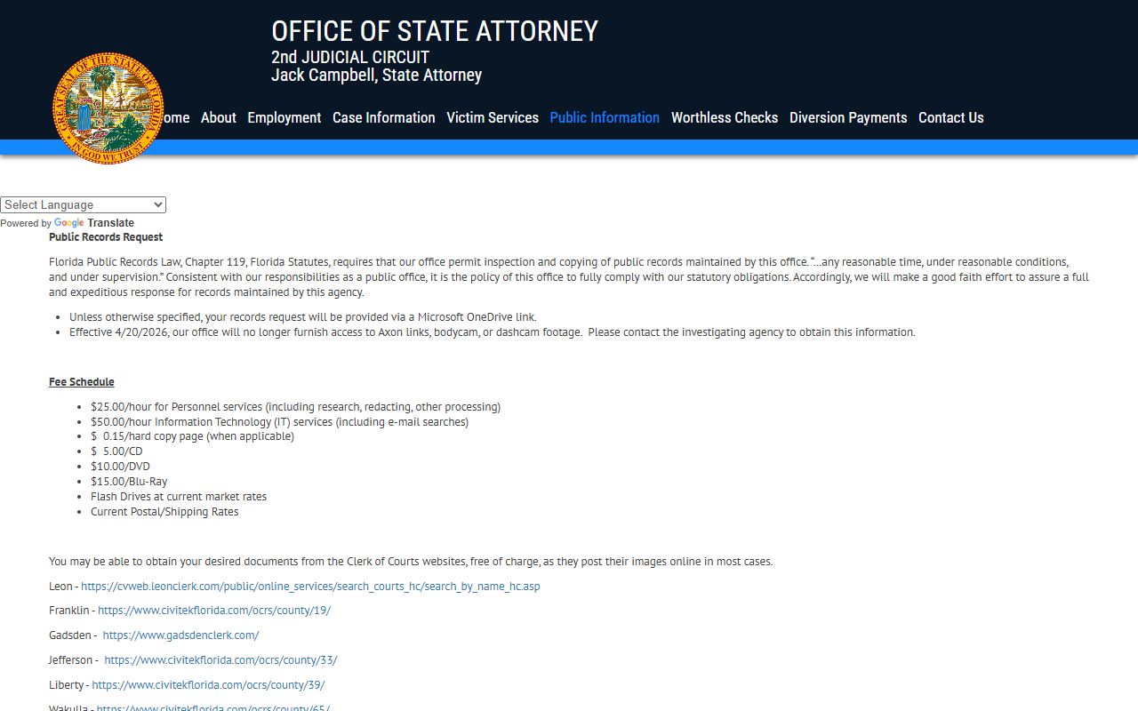 State Attorney public records request page for Gadsden County court records after an arrest