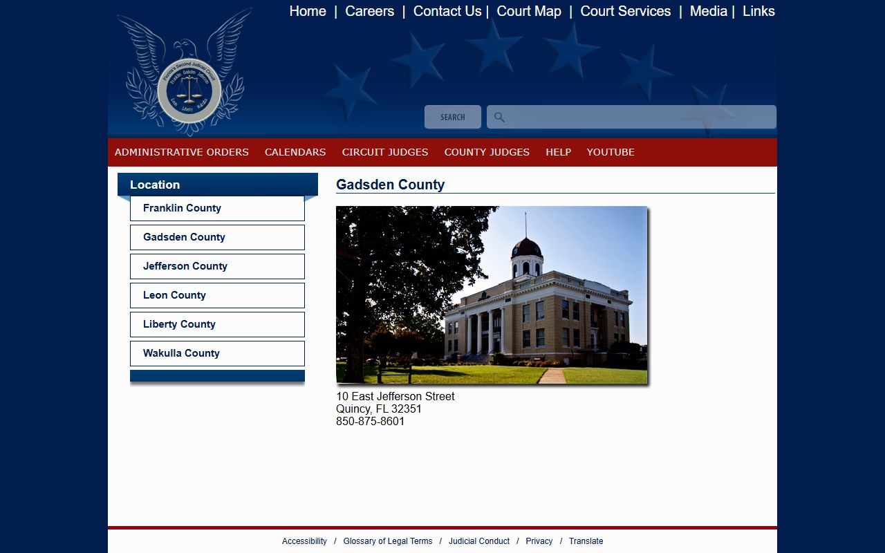 Second Judicial Circuit Gadsden courthouse page for court records following a jail arrest
